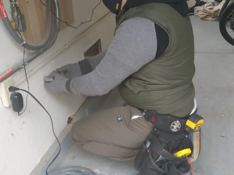 Electrician performing outlet wiring in a Piedmont garage